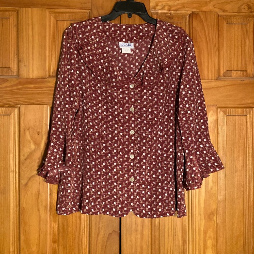 NWOT Blair Vintage 90s Ruffle Blouse 3/4 Sleeve Top Red Women's Size L Large